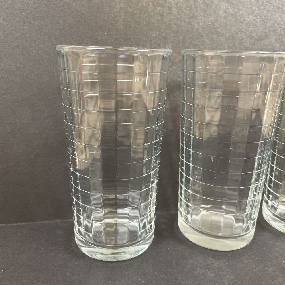 4 Pasabache Optic Block Clear 8 oz Tumblers 5" Geometric Grid Glasses Signed - Picture 3 of 6